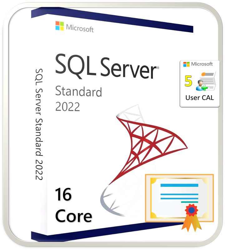 Microsoft SQL Server 2022 Standard Edition – 16 Core License w/ 5 User CAL – DVD
