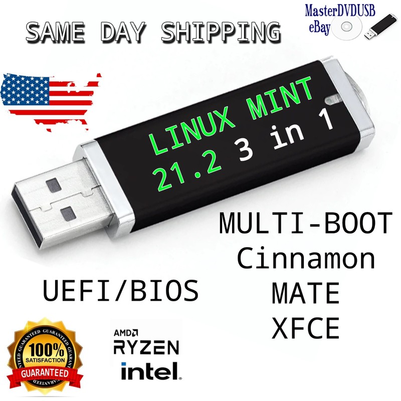 Linux Mint 21.2 3 in 1 Bootable USB Drive Cinnamon, MATE, XFCE HQ USB USA