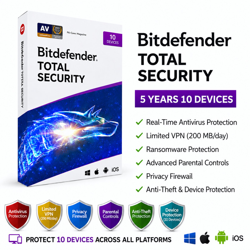 Bitdefender Total Security 2026 – 5 Years 10 Devices + Daily VPN