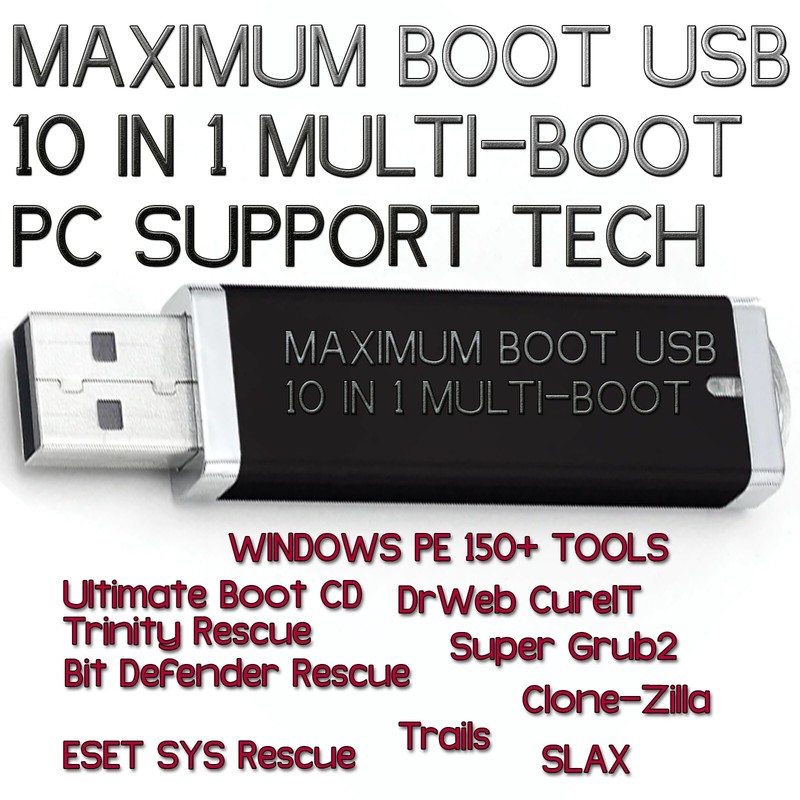 10 in 1 Multi Boot USB PC Support Technician Tool Anti-Virus 100s of TOOLS