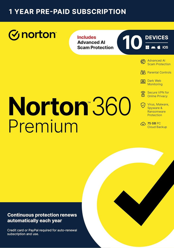 Norton 360 Premium, 2026 Ready Antivirus Software for 10 Devices with Auto-Renew