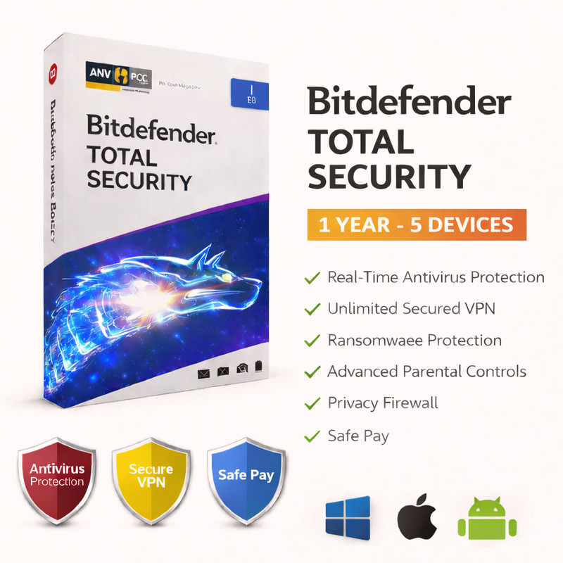 Bitdefender Total Security – 1 Year 5 Devices + Daily VPN