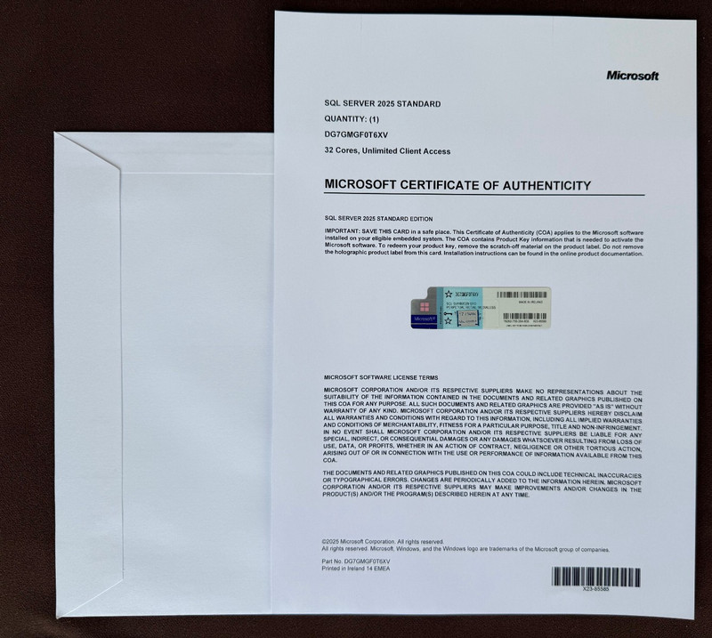 Microsoft SQL Server 2025 Standard 32 Core Unlimited User CALs CoA Authentic. gallery