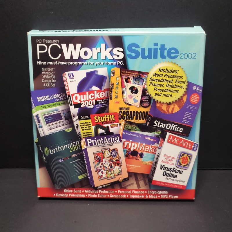PC TREASURES PC WORKS SUITE 2002 4 CD AET 9 APPLICATIONS! STAROFFICE SCRAPBOOK