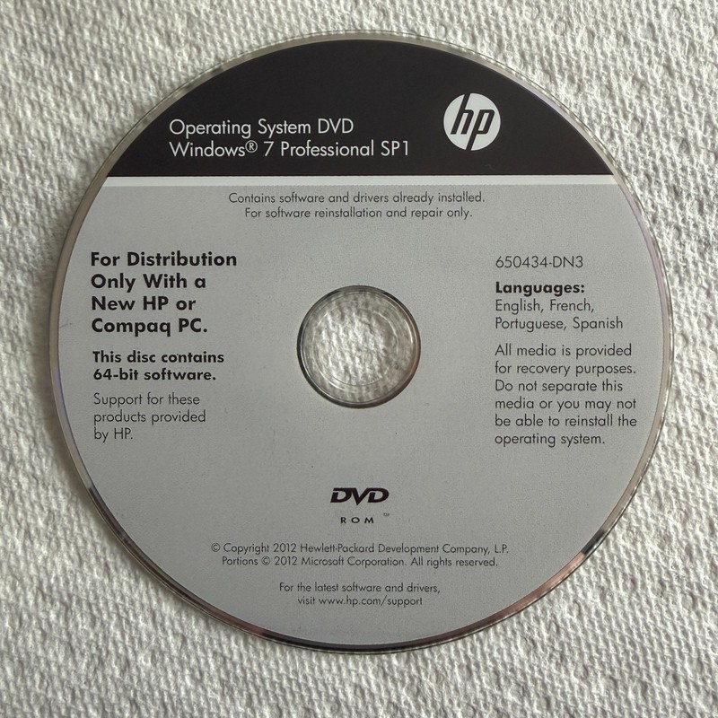 HP Operating System DVD Windows 7 Professional SP1 64-bit 650434-DN3