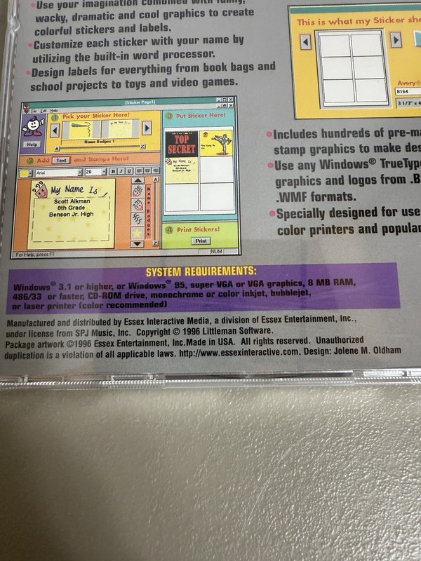 Vintage "Essex Sticker Maker For Kids" PC CD-ROM 1996 gallery