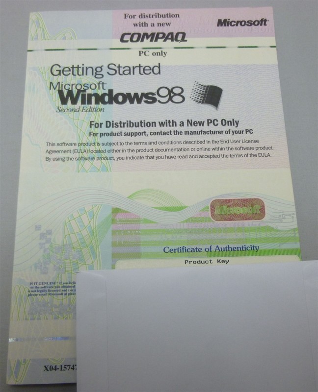Getting Started Microsoft Windows 98 2nd Edition Manual & Product Key For Compaq