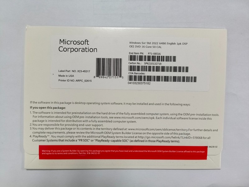 Win Server Std 2022 64-bit DVD 16 Core 50 CAL Product Key New + Free Shipping