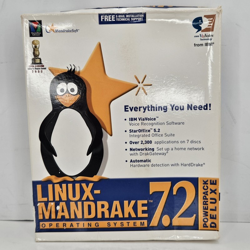 Linux Mandrake 7.2 Deluxe 2001 Operating System Software Big Box 7 CD’S Manuals