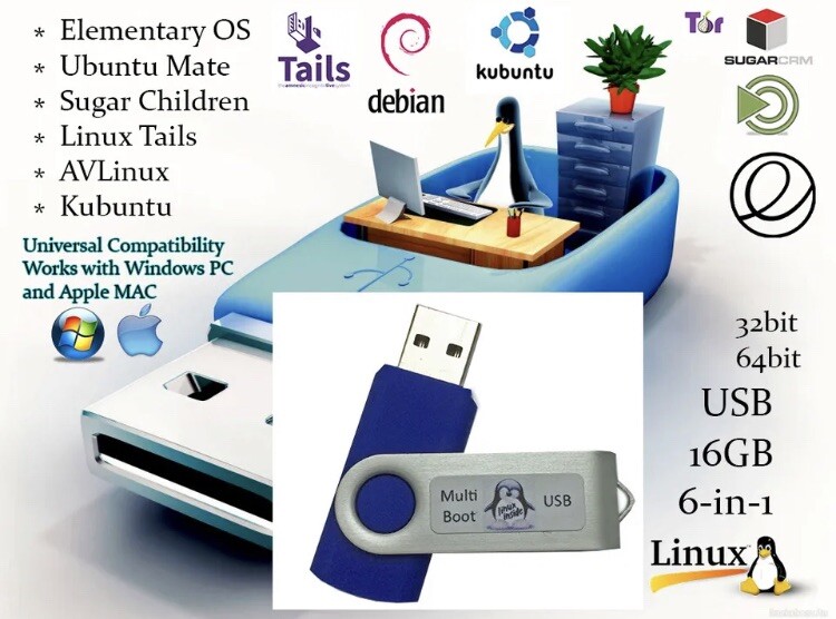 Universal 6 in 1 Linux OS Collection MultiBoot Live USB Drive for PCs and MACs