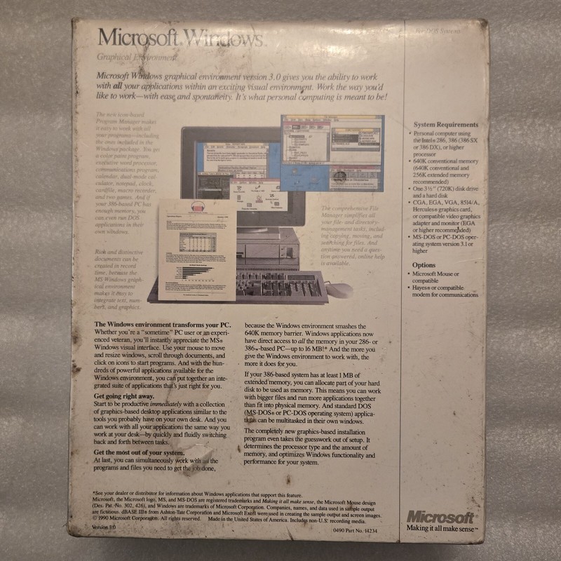 Microsoft Windows 3.0 NEW SEALED VINTAGE 5.25" Version for DOS Floppy Disk Rare gallery