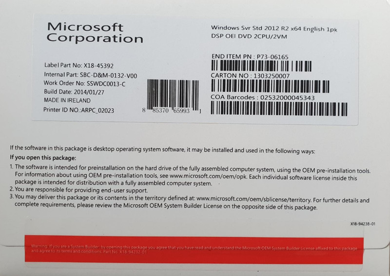 MICROSOFT WINDOWS SERVER 2012 R2 STANDARD x64 2CPU/2VM GENUINE