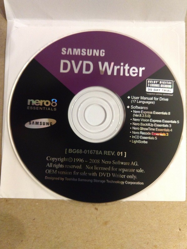 SAMSUNG DVD WRITER – Nero 8 Essentials CD