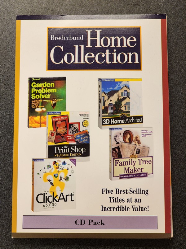 Broderbund Home Collection Windows 95 12 CD Kit, Print Shop, Family Tree Maker.