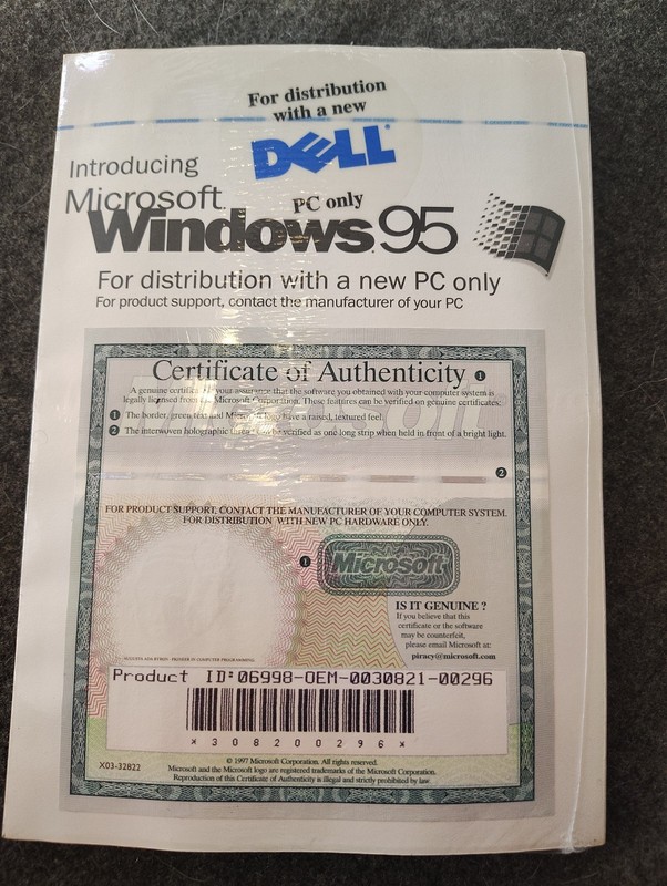 NOS Sealed Microsoft Windows 95 OEM CD Dell w/ COA Internet Explorer Vintage