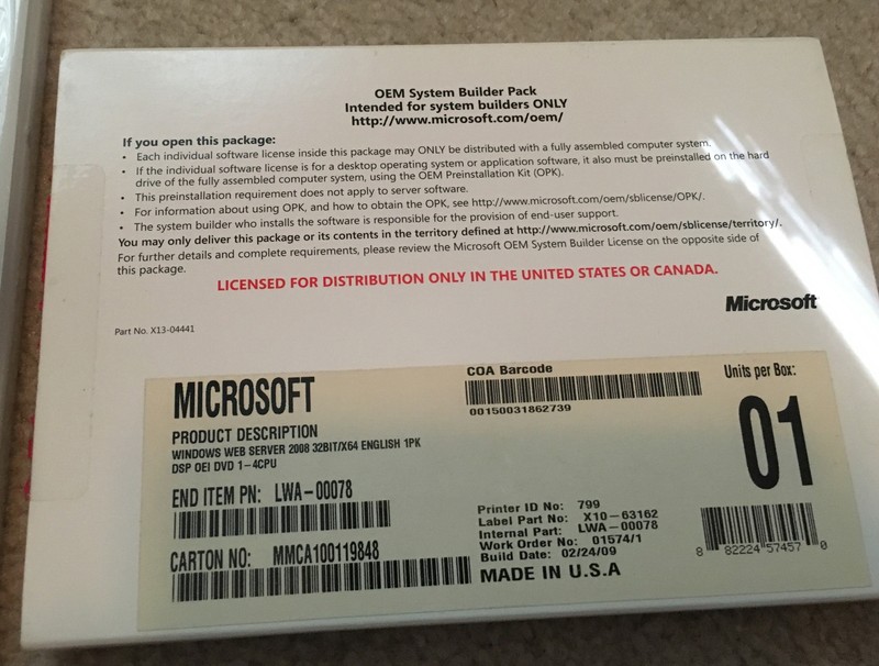 Microsoft Windows Web Server 2008 32/64-bit DVD/Key LWA-00078