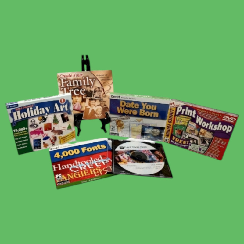 CD ROM Fun Software Bundle Print Workshop DVD, Family Tree, Holiday Art, Fonts