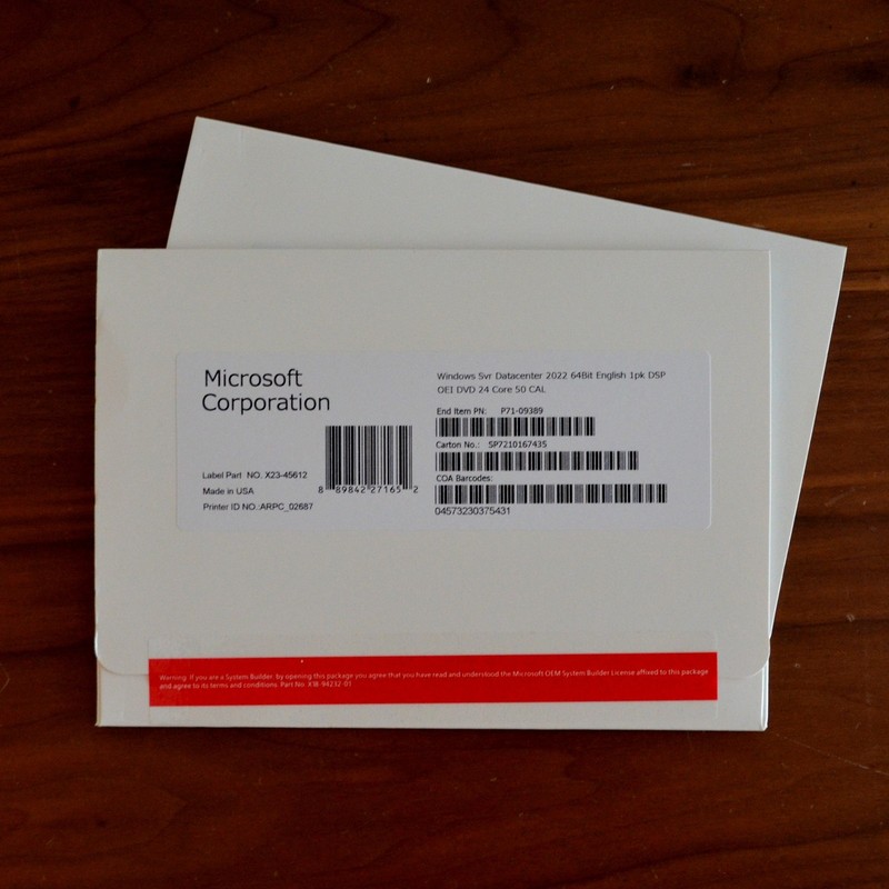 Windows Server 2022 Datacente DVD+ Product key 24 Core 50 Cal License 1Pk