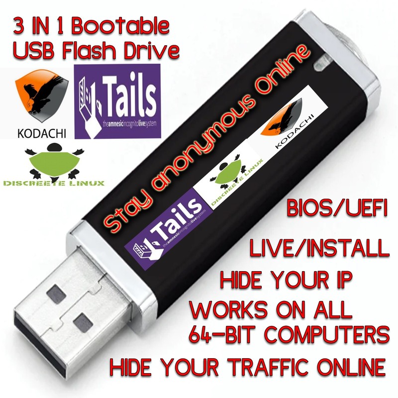 3-in-1 Boot USB Drive Discreete Linux, Kodachi,Tails HIDE YOUR INTERNET “USAGE”!