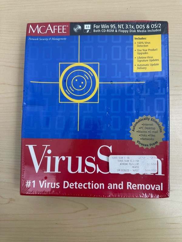 Sealed 1997 Vintage McAfee VirusScan for Win 95 NT 3.1 DOS CD + 3.5″ Disk V 3.5