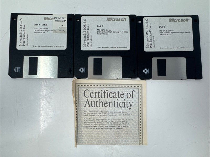 Microsoft MS-DOS 6.22 Plus Enhanced Tools 3.5” Floppy Disks 1-3 With COA