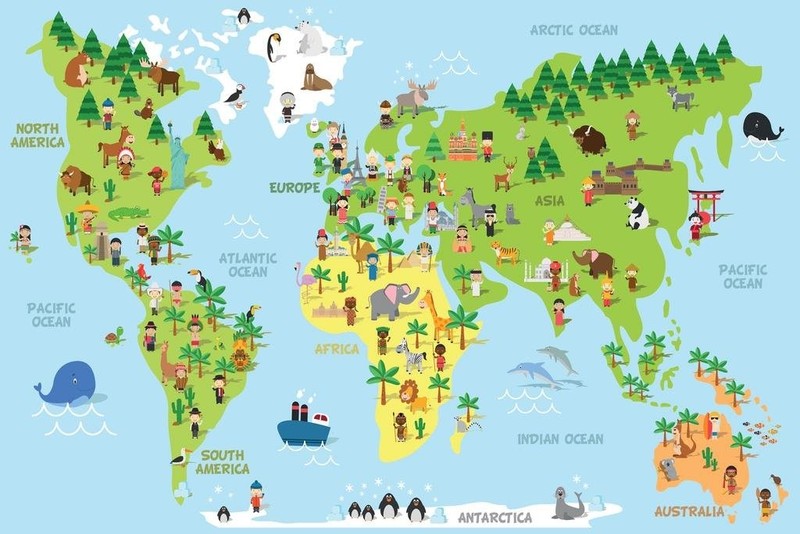Poster Foundry Cartoon World Map Children Animals Monuments Educational Travel