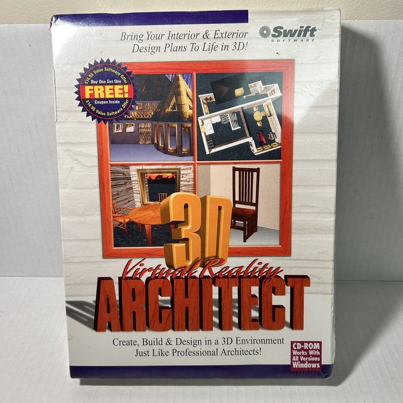 Vtg PC Software 3D Virtual Reality Architect CD Rom NOS Windows Swift Big Box