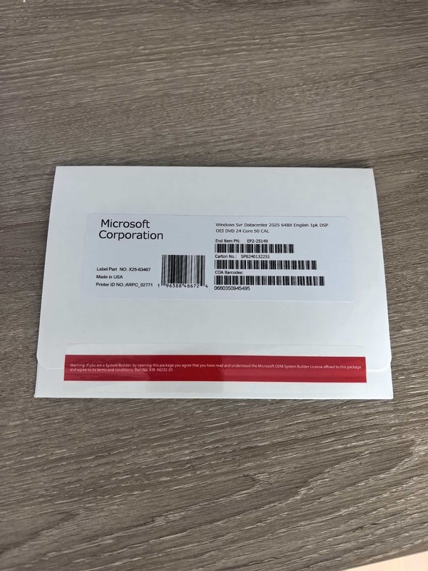 Windows server 2025 Datacenter 64 bit 24 core 50 cals DVD+license key.