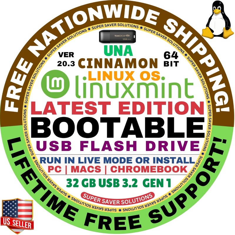 Linux MINT 20.3 B USB UNA Cinnamon 64-Bit Live Boot, Full Install for MAC, PC