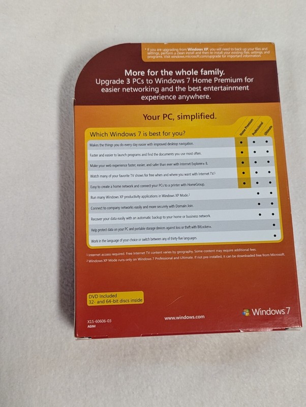 Microsoft Windows 7 Home Premium Upgrade Family Pack For 3 PCs 32 & 64 Bit DVD gallery
