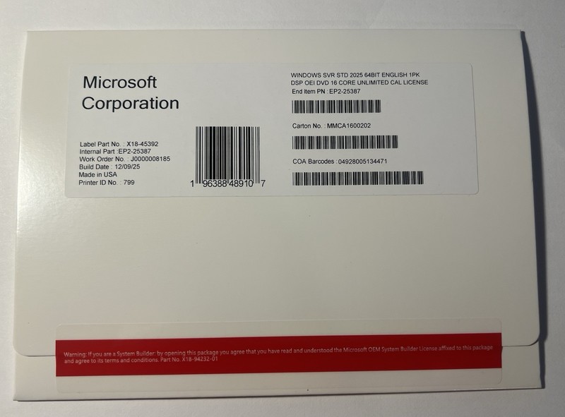 Microsoft Windows Server 2025 Standard – 16 Core Unlimited CAL License (NEW)