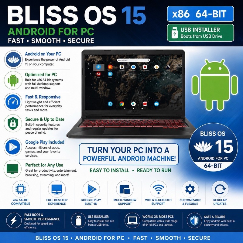 BLISS OS 15 (ANDROID 12L On PC) – Bootable InstallDVD US SELLER Free Shipping***