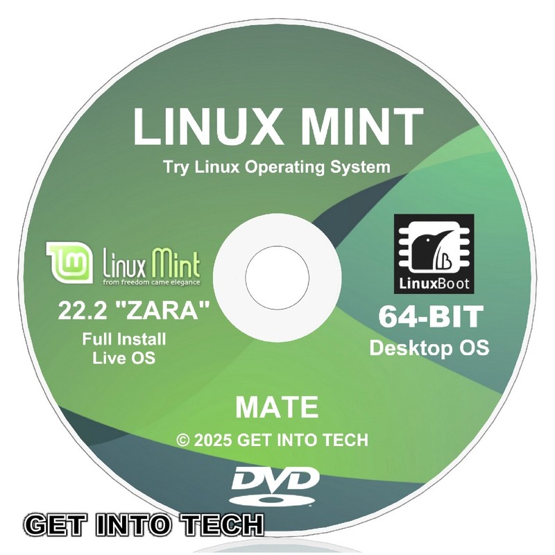 Linux Mint 22.2 MATE “Zara” 64bit Bootable/Live OS DVD DISC – Try Linux
