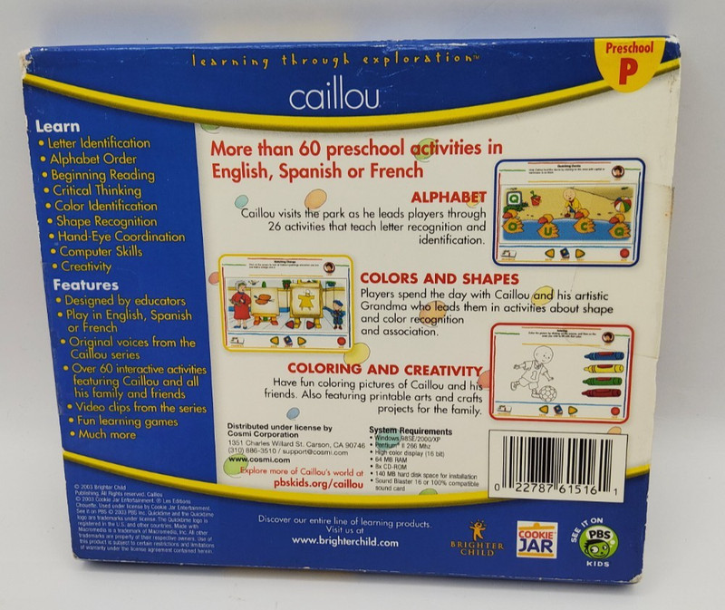 Caillou Preschool PC CD-ROM 2003 Learning Game English Spanish French ~ NEW gallery