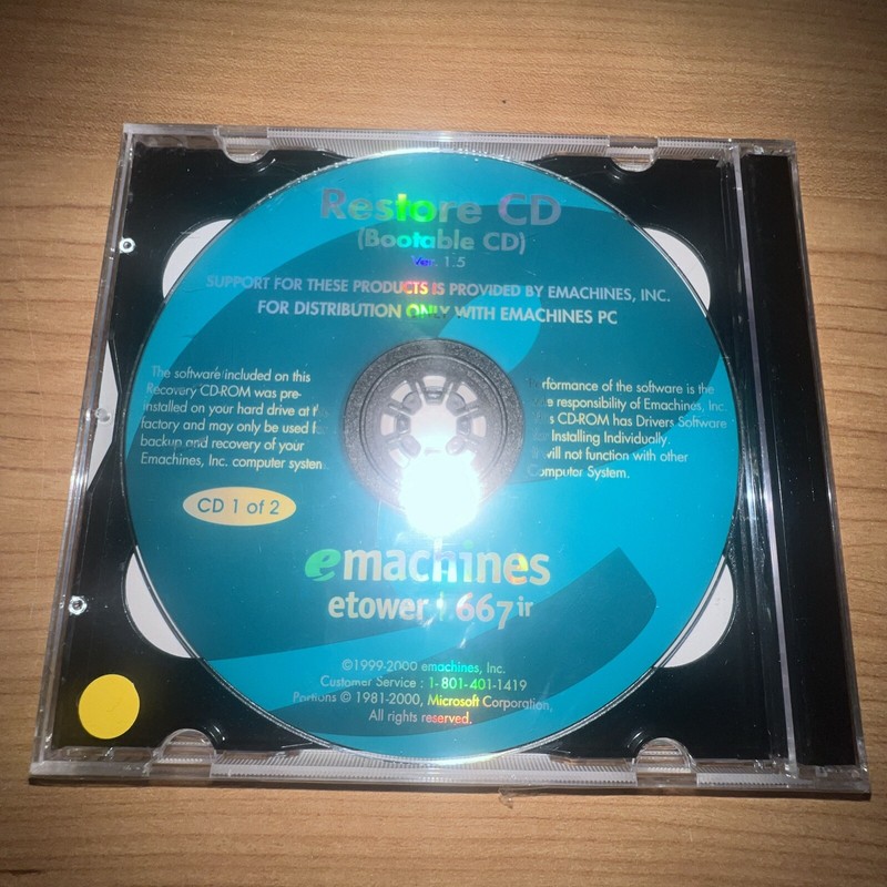 Emachine Restore CD ETower 667ir Ver 1.5 Bootable CD Microsoft 1999 Sealed