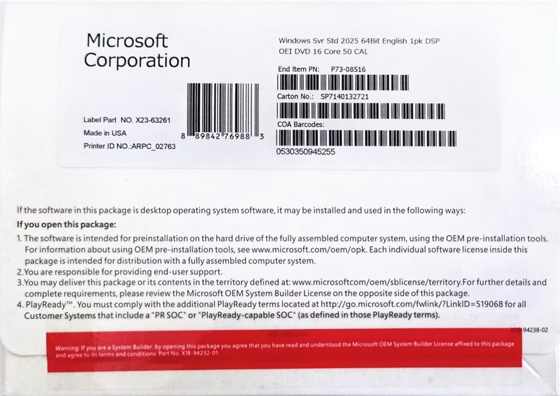 Windows Server 2025 Std 64-bit 16 Core 50 CAL DVD + Product Key Free Shipping