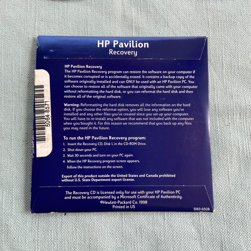 1998 HP Pavilion Recovery CD System Application MS X03-96112 HP 5011-7459 2 Disk gallery
