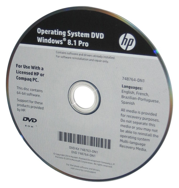 Windows 8.1 Pro HP Operating System 64-Bit CD DVD 748764-DN1