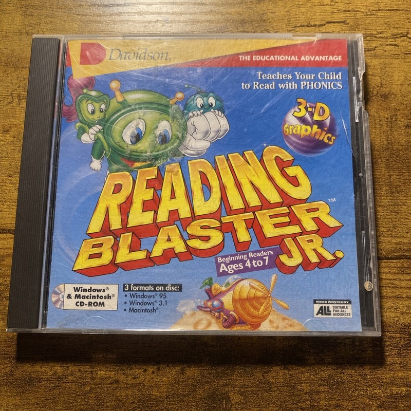 Vtg Reading Blaster Jr CD-ROM Phonics 1996 Davidson Age 4-7 Homeschool Win Mac