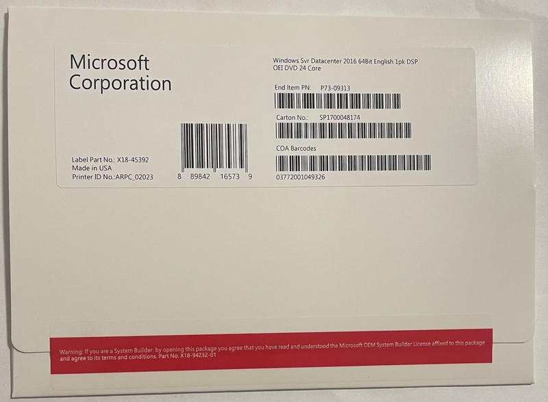 Microsoft Windows Server 2016 Datacenter 64Bit 24 Core DVD+Activation Key (New)