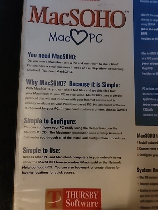 Apple Macintosh MacSOHO Software - V 1.0 - MAC PC File Sharing (Mac OS 8.6 9.X) gallery