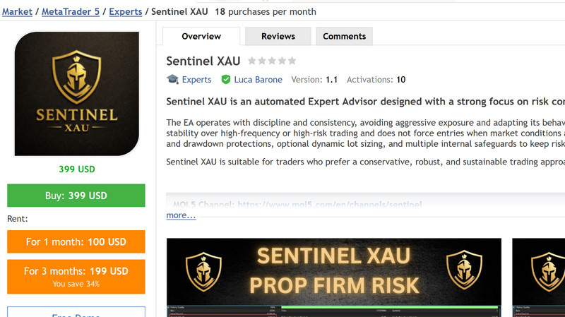 v1.1 Sentinel XAU EA Metatrader MT5 MQL5 Gold Bot Trading Prop Firm FTMO gallery