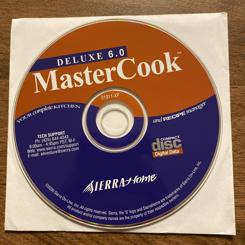 Master Cook Deluxe 6.0 Compact Disc CD 2000 Sierra Home Recipe Manager Cooking