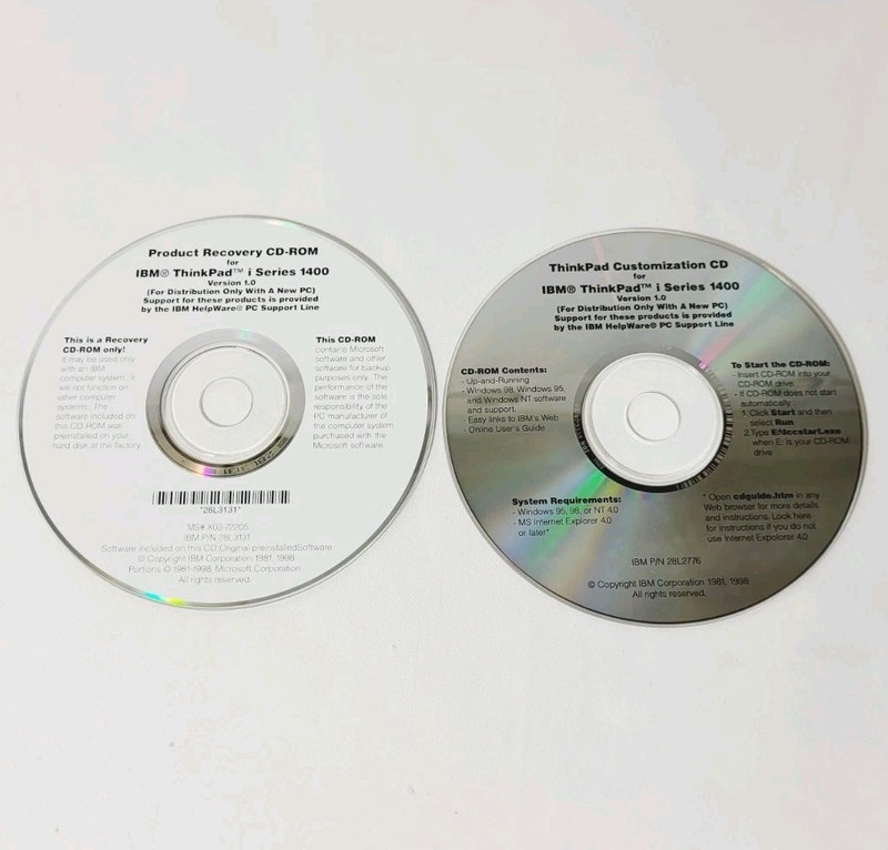 Product Recovery Cd-Rom IBM Thinkpad i Series 1400 Bootable Windows 98 95 2 CD