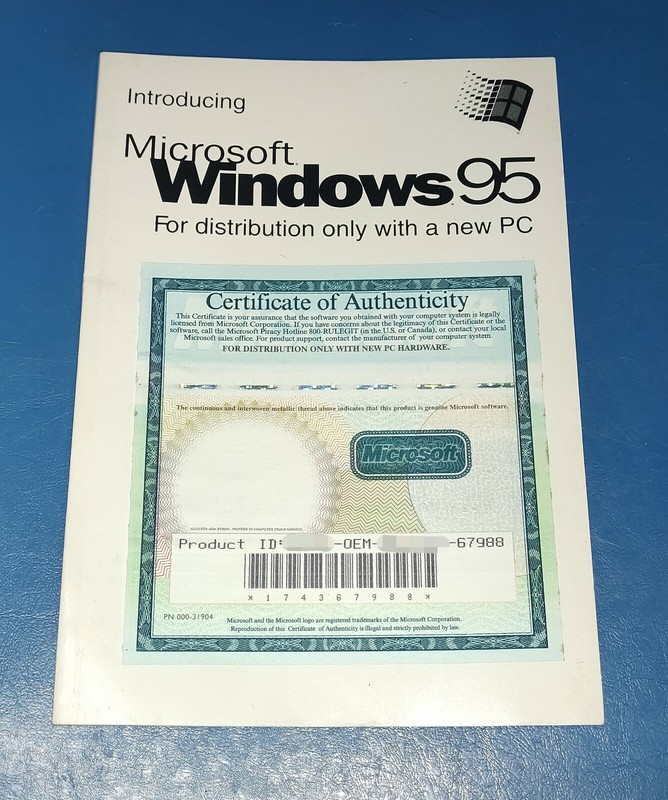 Windows 95 Certificate of Authenticity, Manual & COA, NO CD ROM
