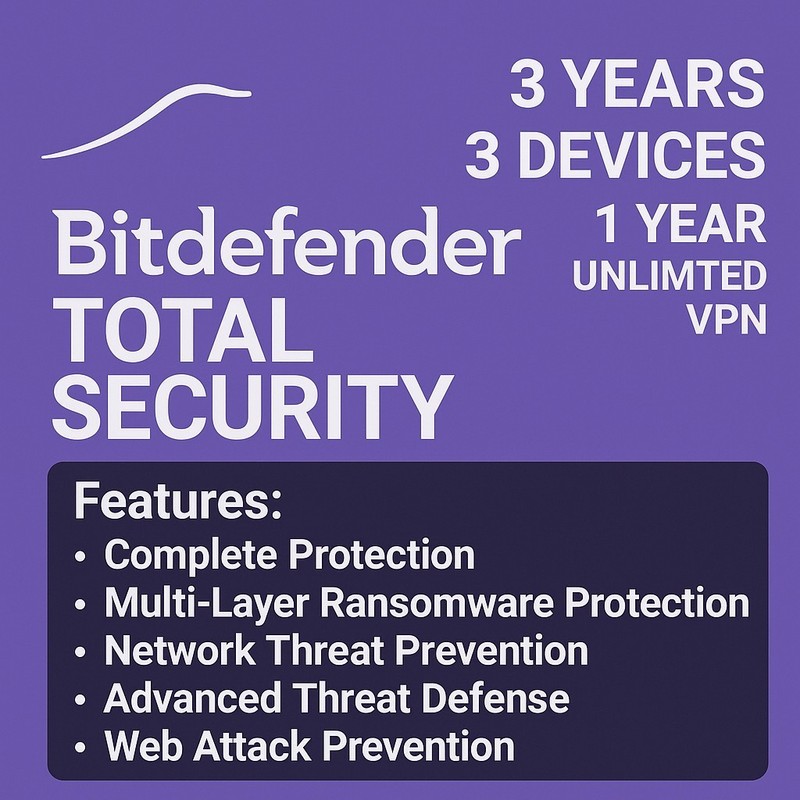 Bitdefender Total Security 2026 – 3 Years 3 Devices + 1 Year Unlimited VPN
