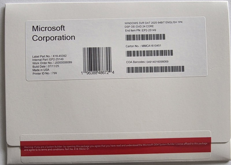 Microsoft Windows Server 2025 Datacenter 64Bit 24 Core DVD+Key (New)..