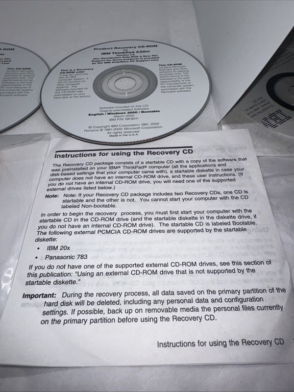 IBM Thinkpad A20m Version 1.0 Product Recovery CD-ROM 1 Windows NT And 1 2000 gallery