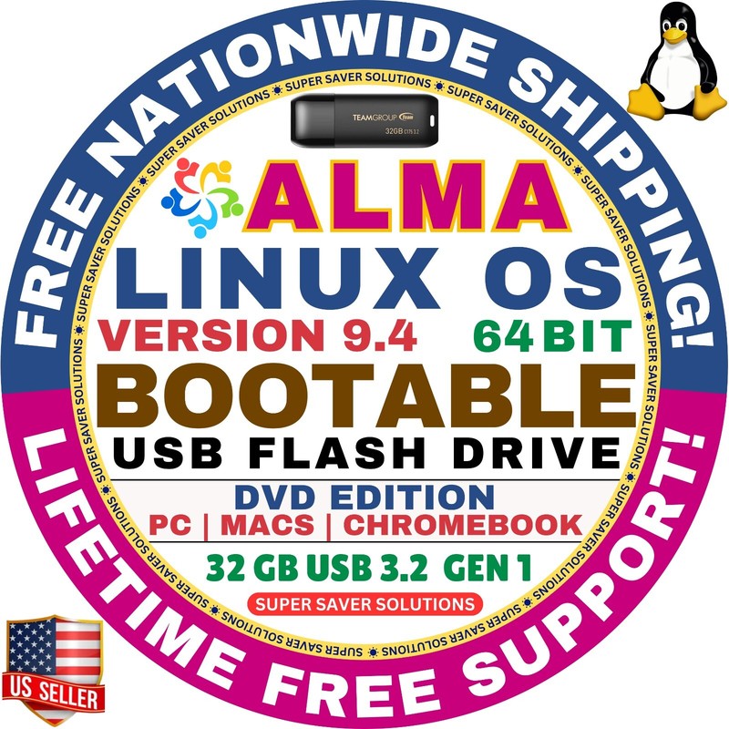 AlmaLinux 9.4 USB Flash Drive | DVD EDITION | AMD64 for MAC, PC Alma Linux
