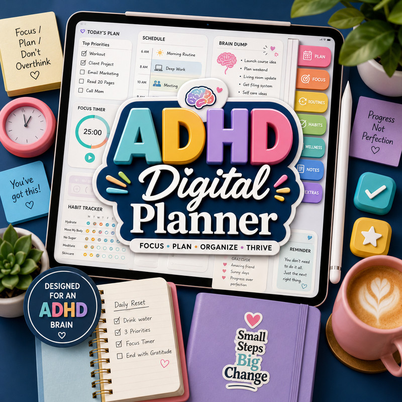 ADHD Digital Planner PDF GoodNotes iPad Planner Brain Dump Focus Habit Tracker